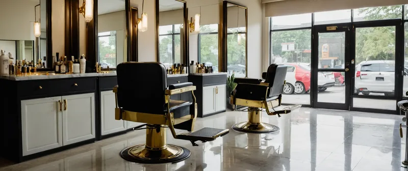Interno del salone Gianni Pazzi: due poltrone da parrucchiere in pelle nera con dettagli in ottone rivolte verso specchi tondi retroilluminati, banco con prodotti, vetrina su strada sullo sfondo, luce diurna calda laterale